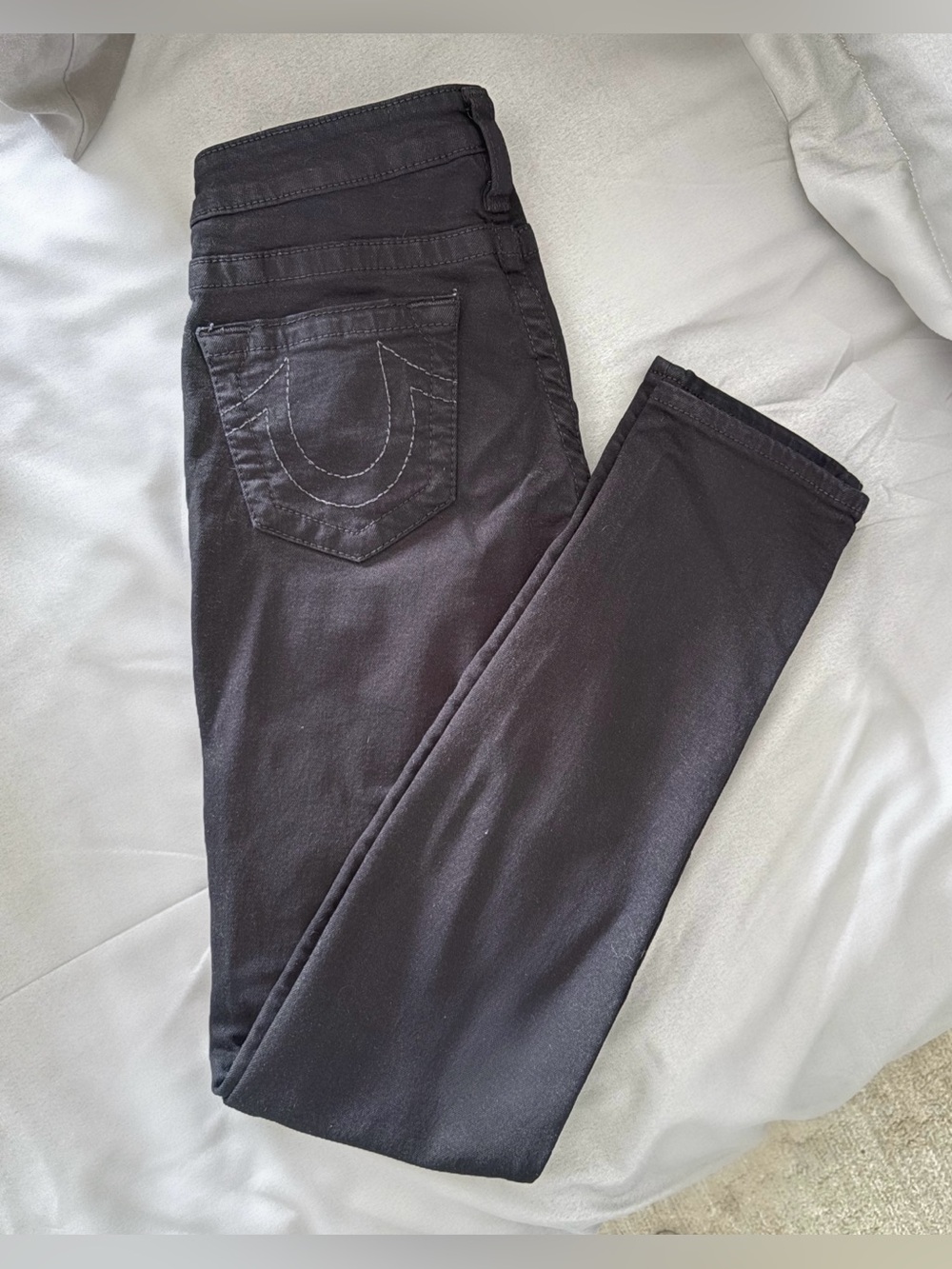 True Religion Women's Dark Black Skinny Jeans with Signature Stitch